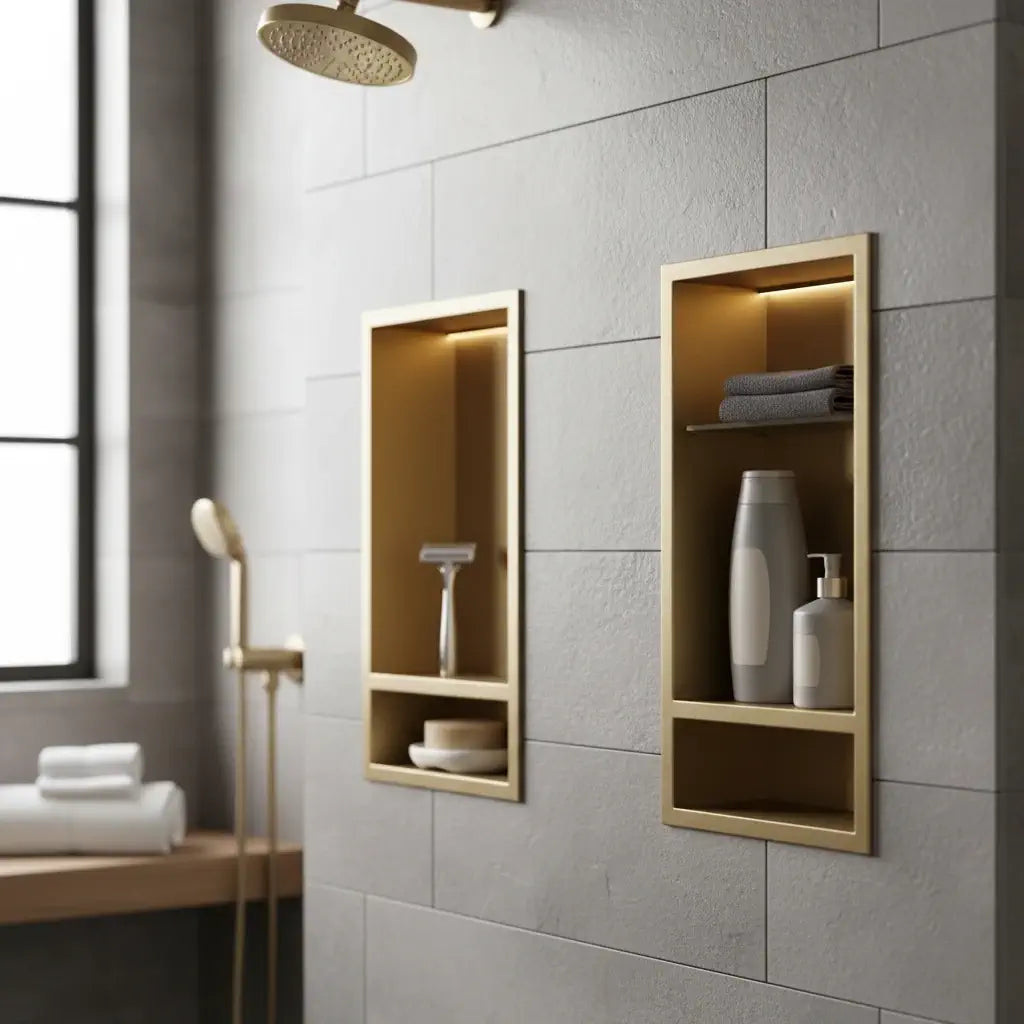 recessed brass shelf bathroom double shelves