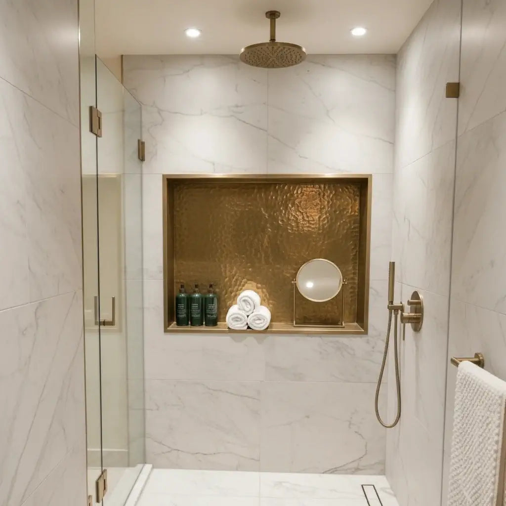 brass bathroom niche built in shelf hammered texture