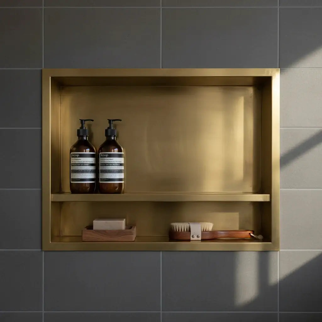 brass bathroom niche built in shower storage