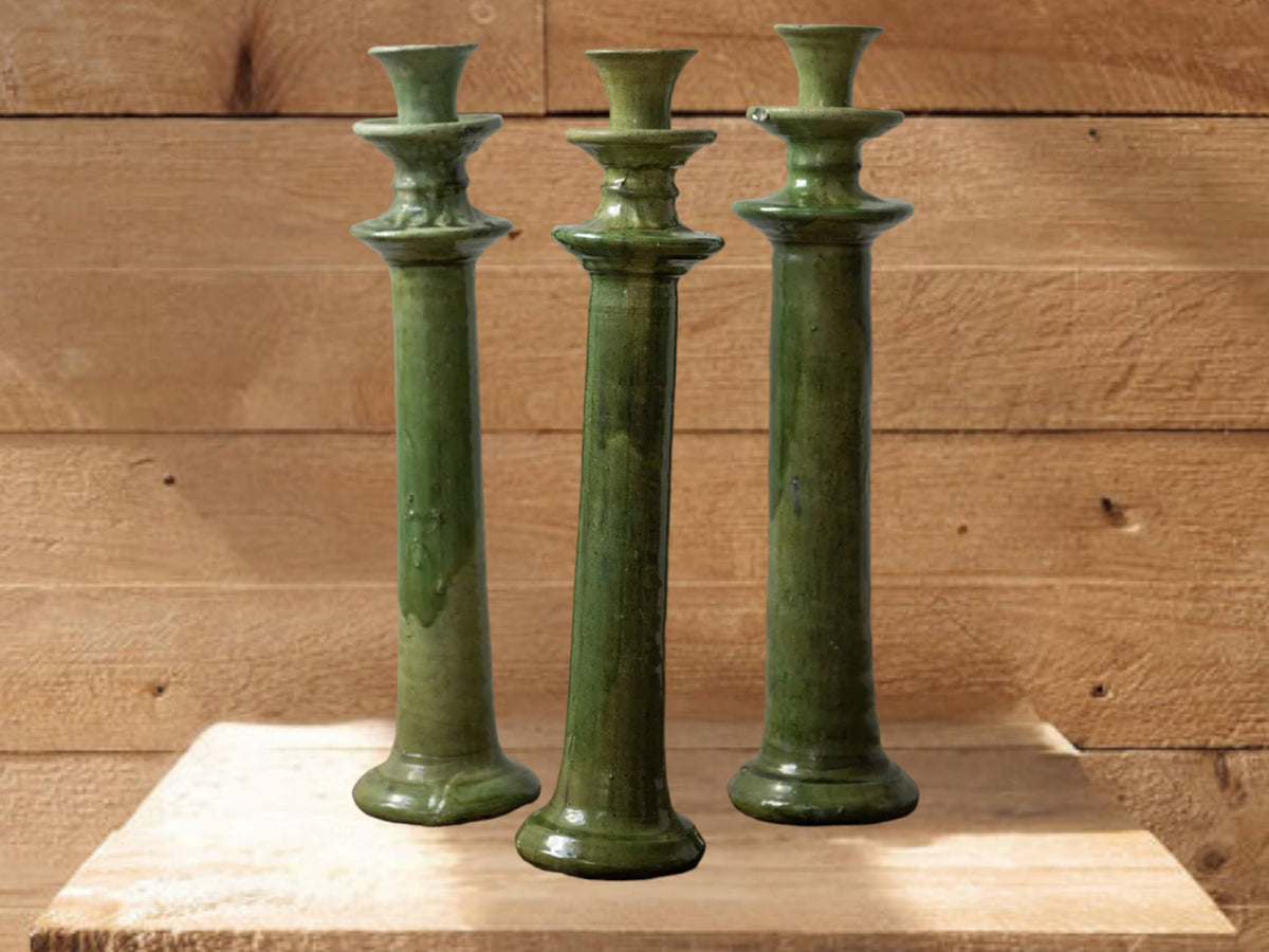 Handcrafted Moroccan Green Tamegroute Large Candlestick Holder