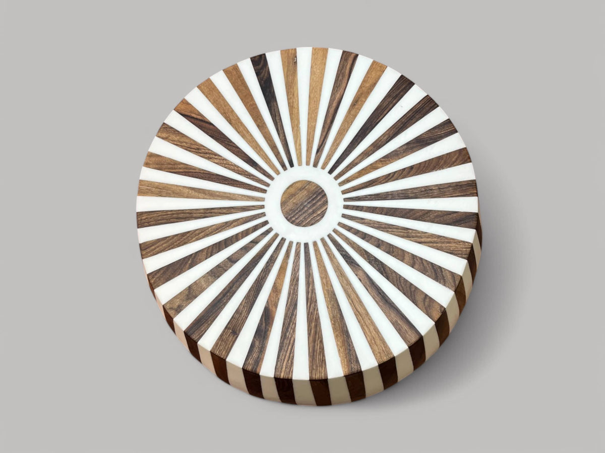 Round Walnut Wood and White Resin Side Table