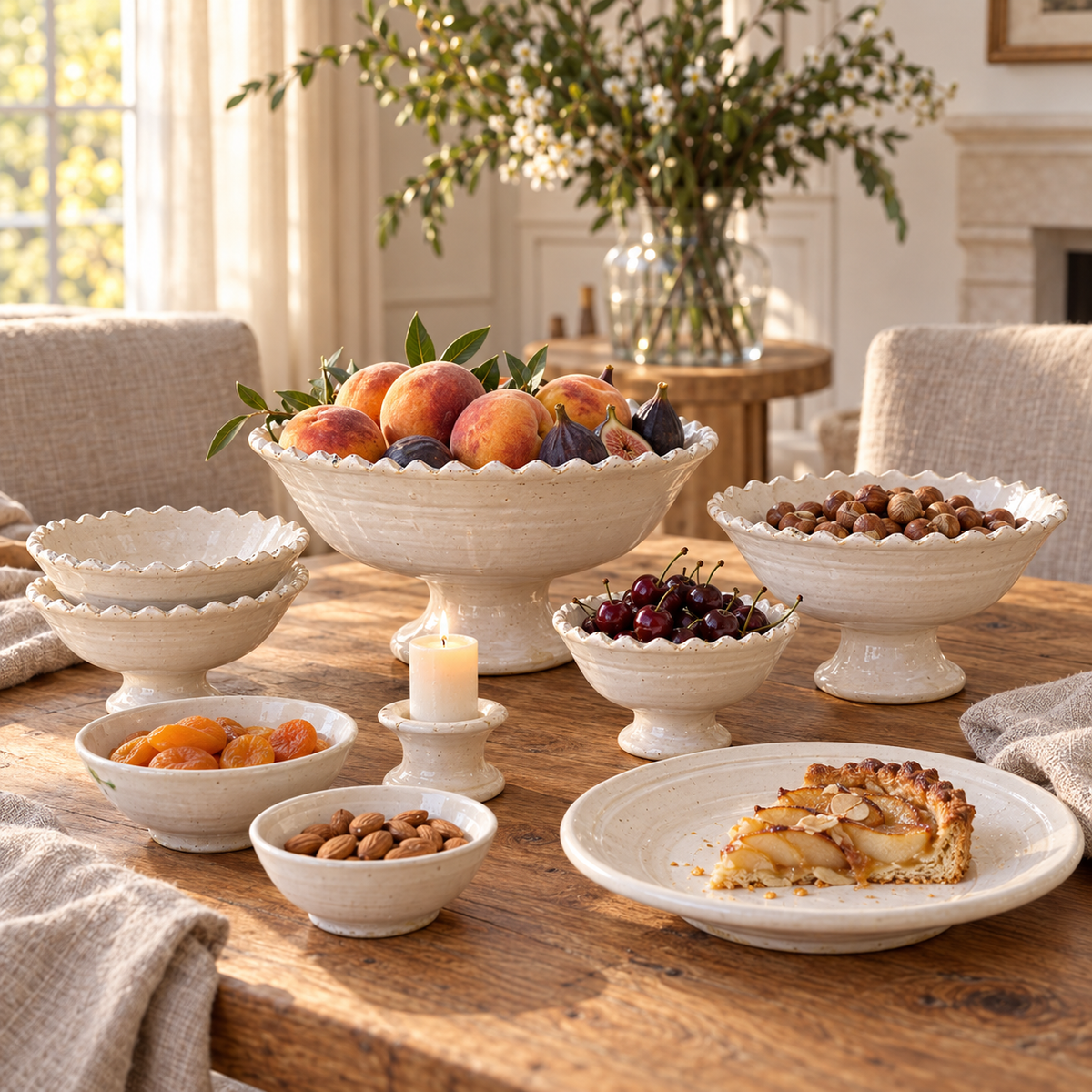 White Tamegroute ceramic pedestal fruit bowl with a jagged rim, handmade in Morocco.