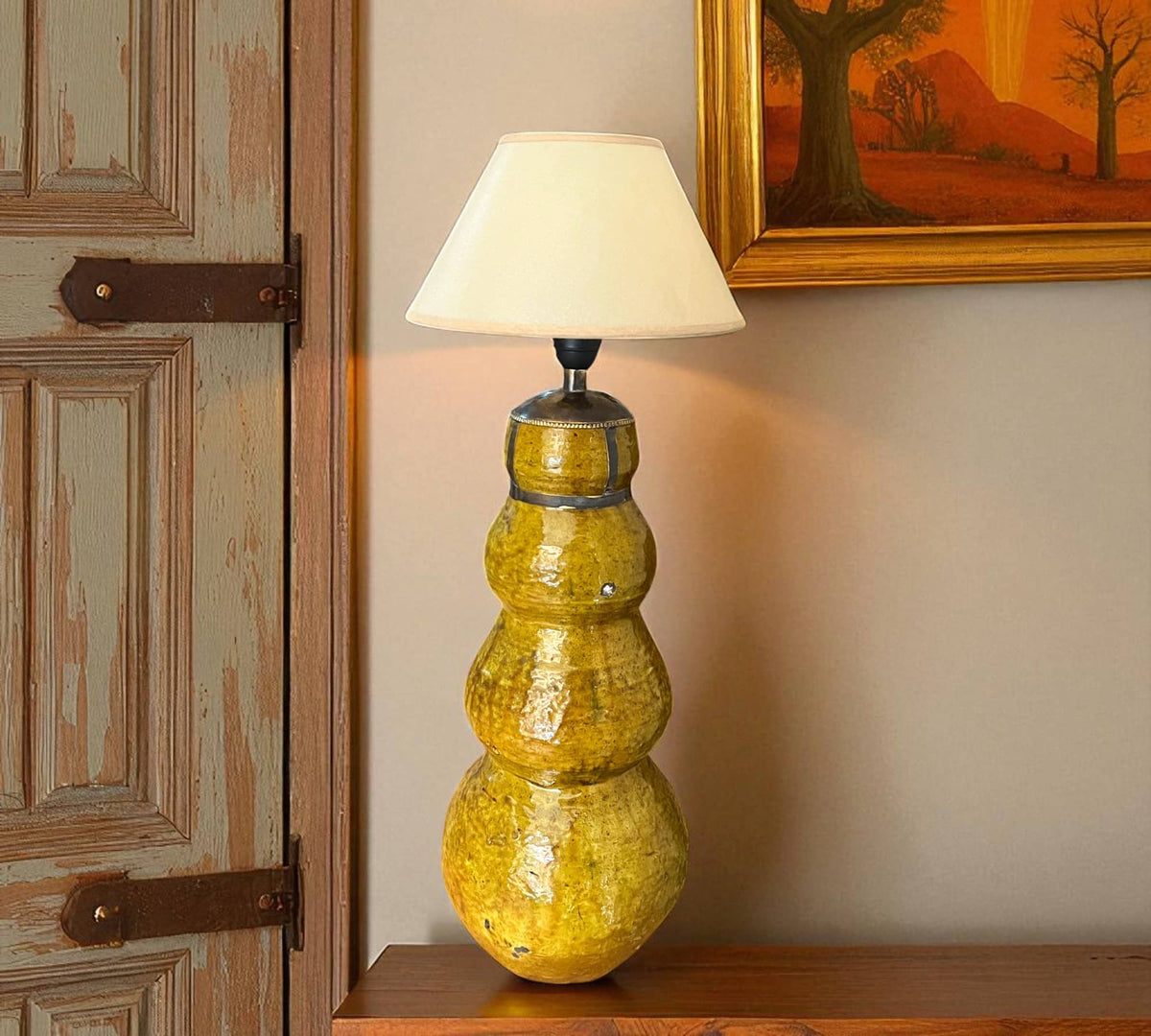 Gourd-Shaped Tamegroute Floor Lamp in Ochre Yellow – 67 cm