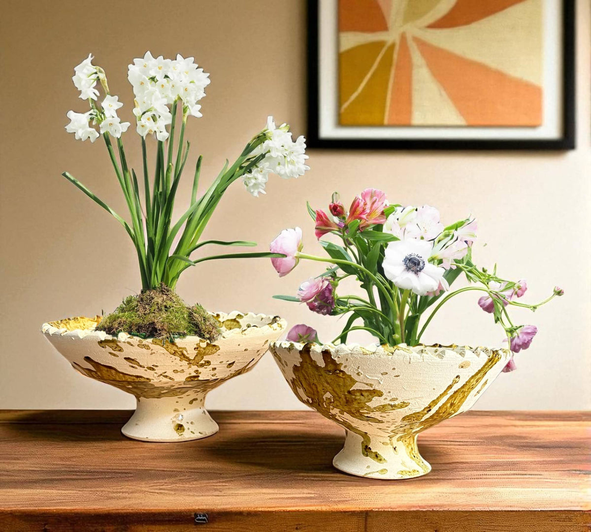 Splatter Yellow Moroccan Footed Bowls – Handcrafted Tamegroute Pottery for Table or Planting (6"–12")