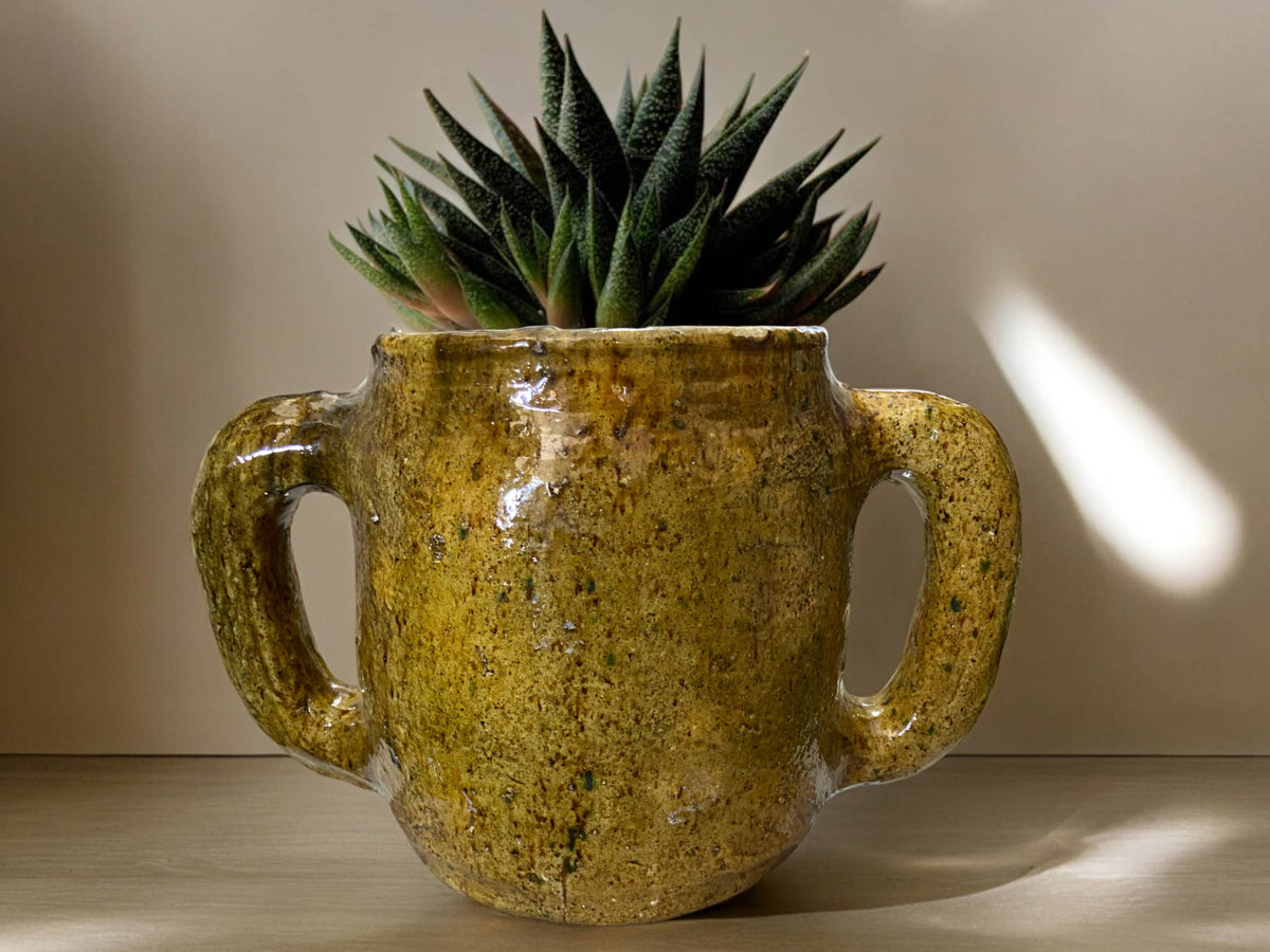 Handmade Moroccan Vintage Shaded Ochre Glaze Tamegroute Holder Planter/Pot: Unique Ceramic Pottery for Plants