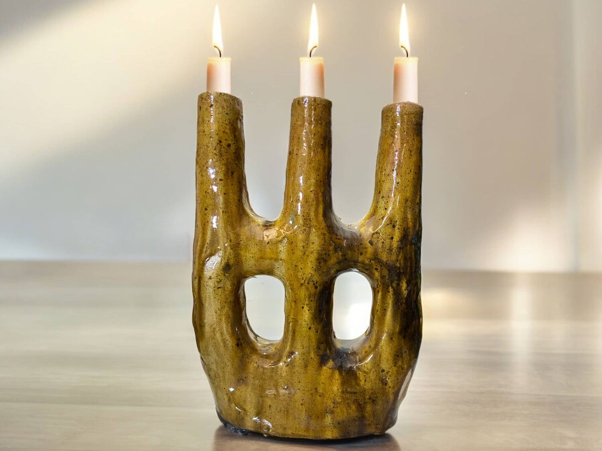 Handcrafted Moroccan Tamegroute Abstract Ochre Picasso Sculpture Triple Candlestick Holder