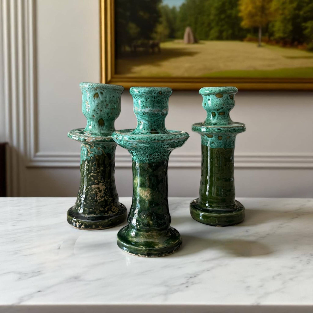 Handmade & Glazed Multi-Toned Green Candle Holder (16 cm)