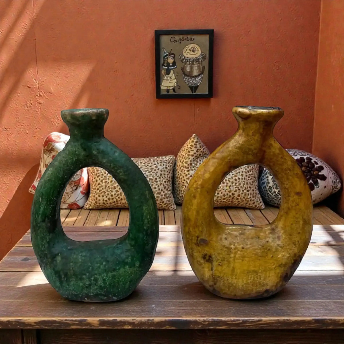 Handcrafted Tamegroute sculptural vase in green and ochre with open circular design (36 × 26 cm)
