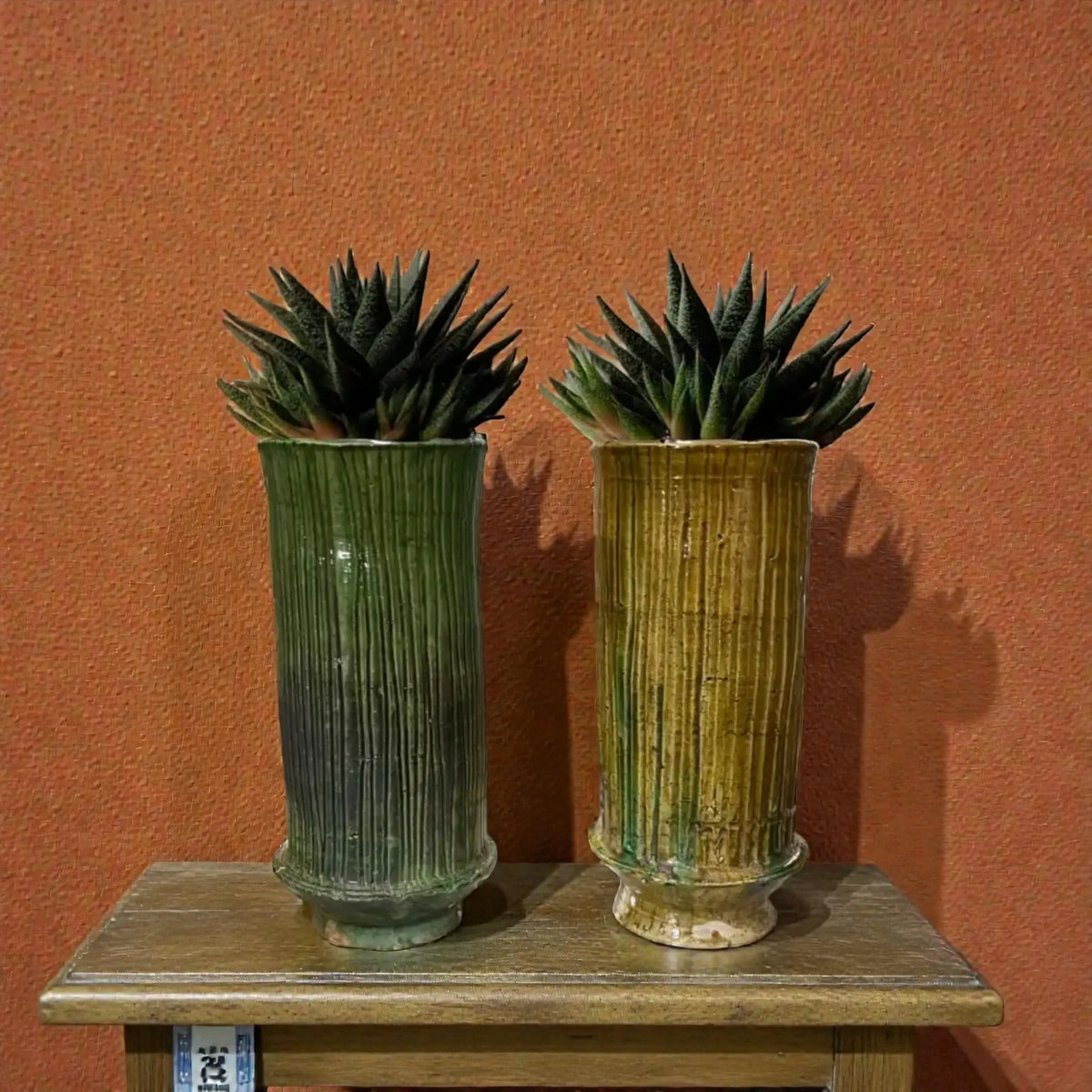 Handmade Tamegroute ribbed green and ochre ceramic vase with vertical texture, Moroccan pottery