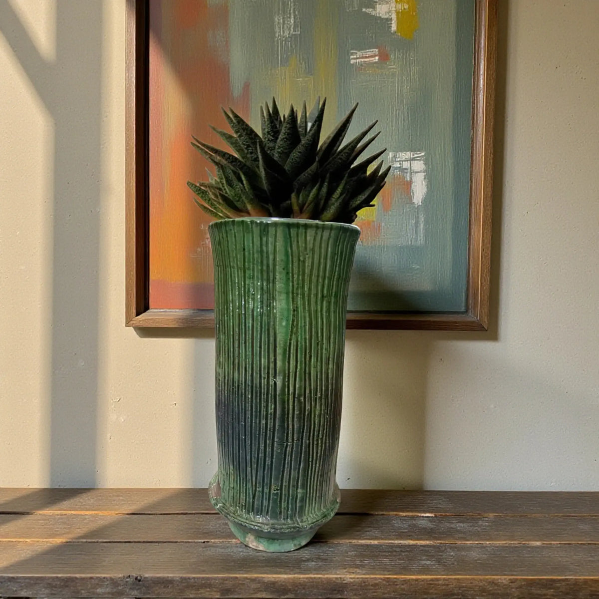 Handmade Tamegroute ribbed green and ochre ceramic vase with vertical texture, Moroccan pottery