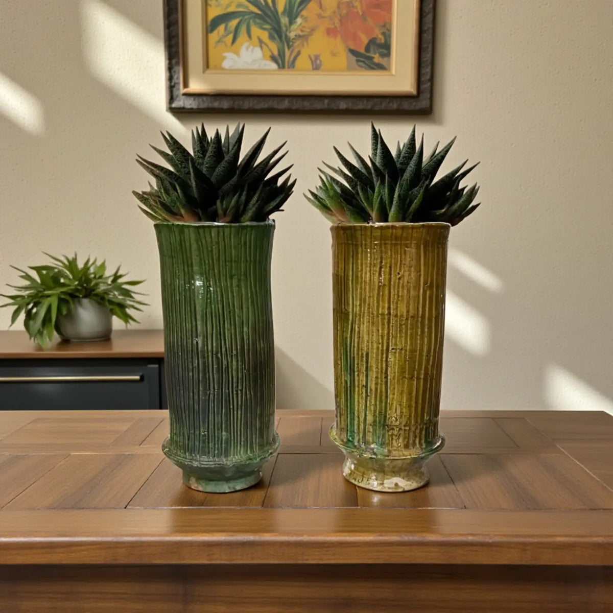 Handmade Tamegroute ribbed green and ochre ceramic vase with vertical texture, Moroccan pottery