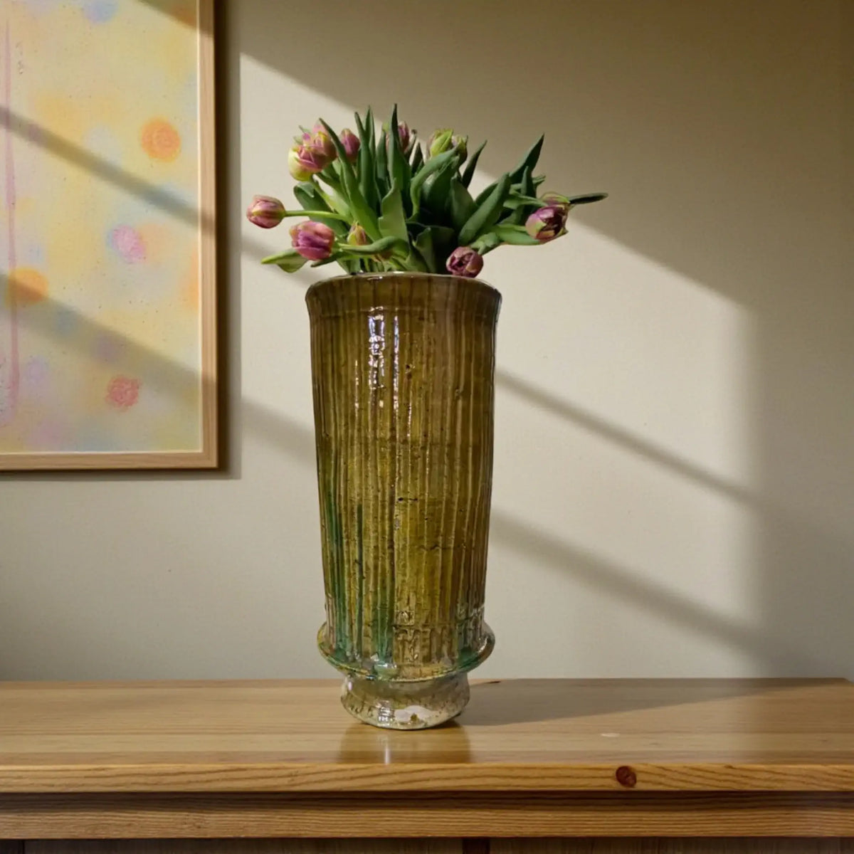 Handmade Tamegroute ribbed green and ochre ceramic vase with vertical texture, Moroccan pottery