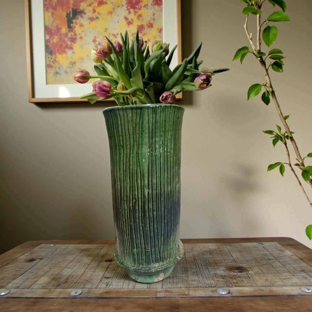 Handmade Tamegroute ribbed green and ochre ceramic vase with vertical texture, Moroccan pottery
