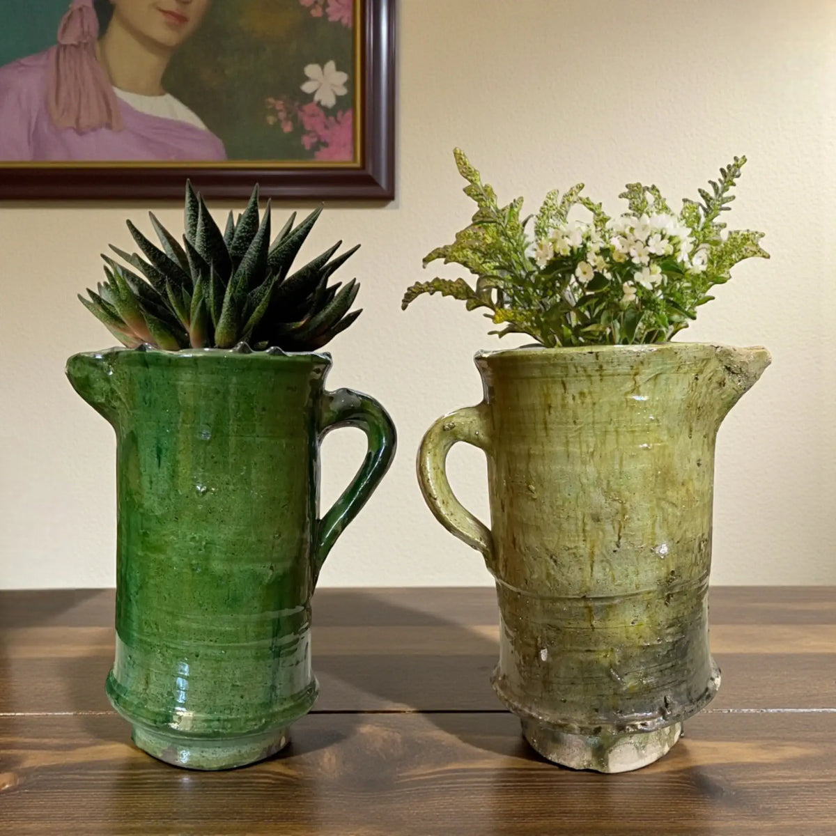 Handmade Tamegroute ceramic vase with handle, traditional green & ochre glaze Moroccan pottery, 24 cm tall