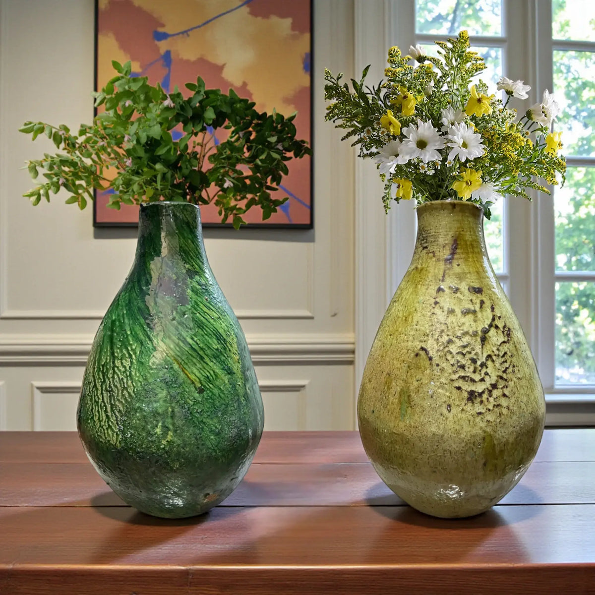 Large handmade Tamegroute ceramic vase in green and ochre glaze, sculptural Moroccan pottery fired in a traditional kiln