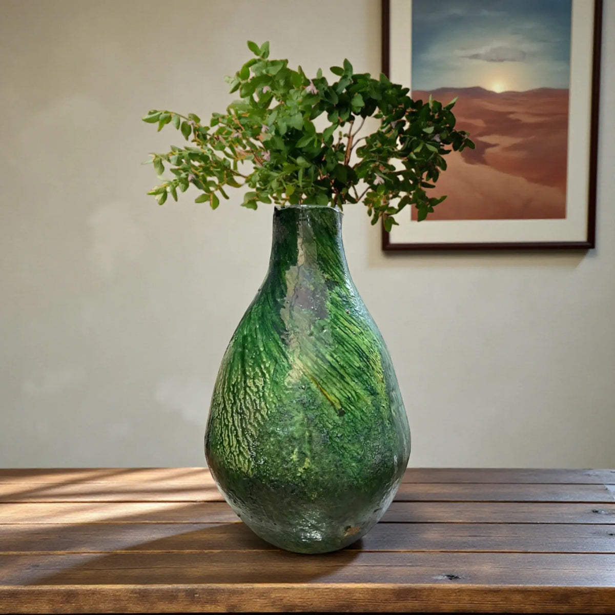 Large handmade Tamegroute ceramic vase in green glaze, sculptural Moroccan pottery fired in a traditional kiln