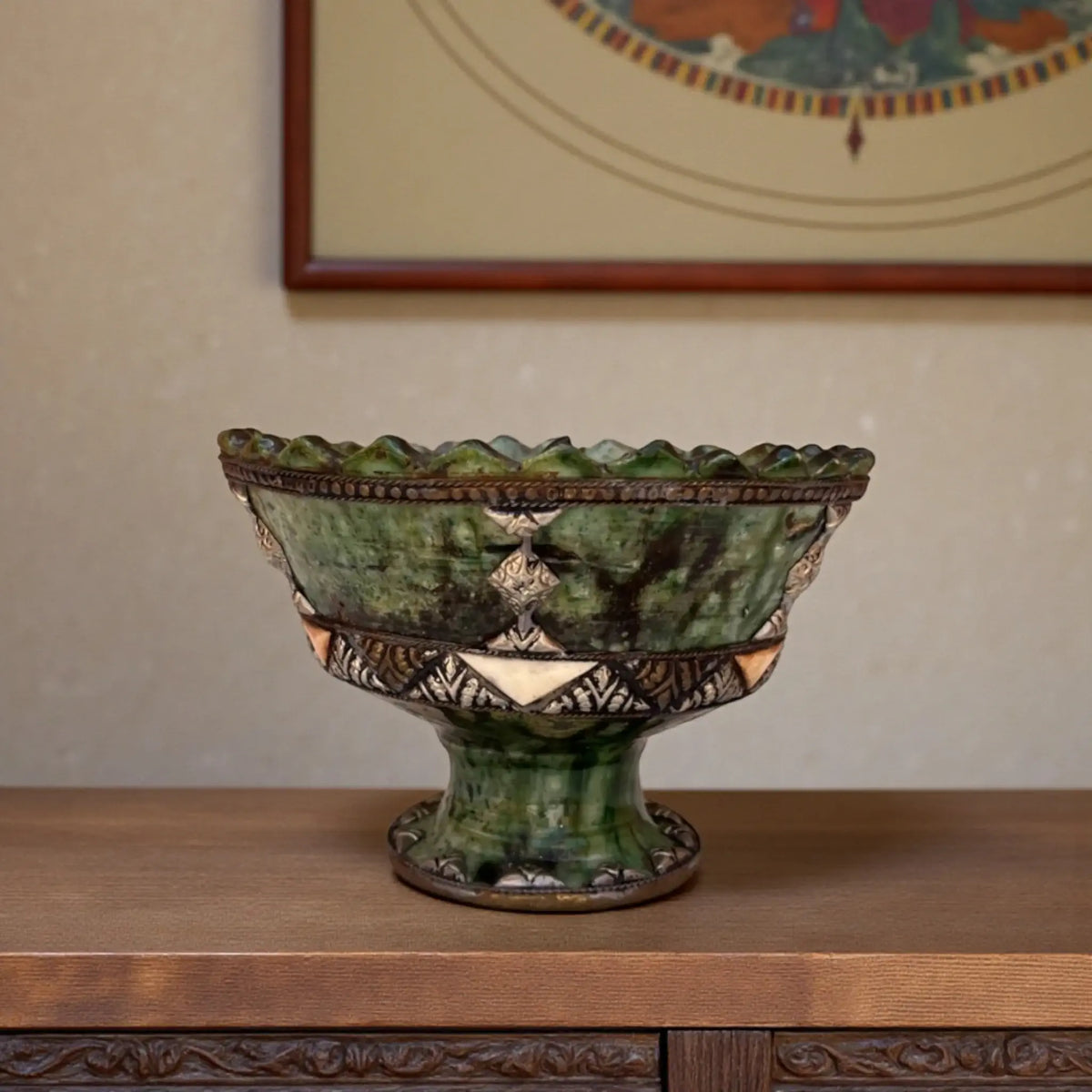 Handmade Tamegroute green pedestal bowl with silver-plated copper and camel bone inlay, Moroccan pottery