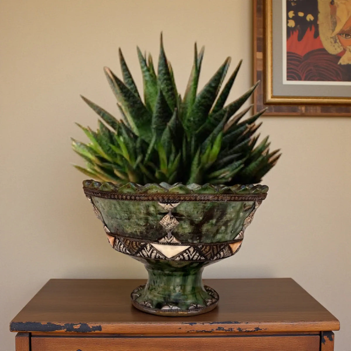 Handmade Tamegroute green pedestal bowl with silver-plated copper and camel bone inlay, Moroccan pottery