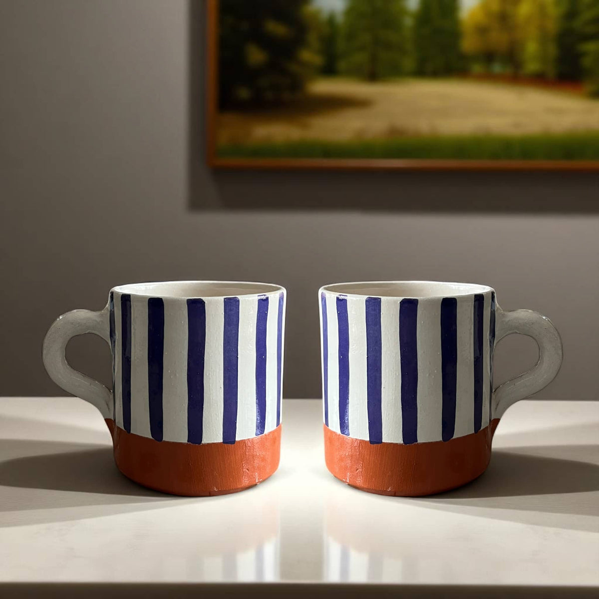 Handpainted Terracotta & Blue Striped Tumbler (9 cm H x 8 cm Dia)