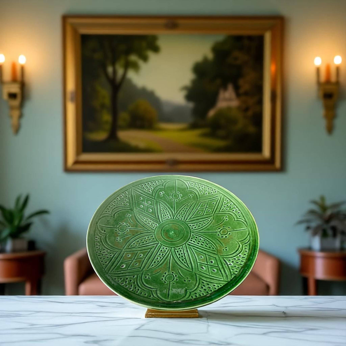 Premium Hand-Engraved Emerald Green Moroccan Plates with Floral Motifs