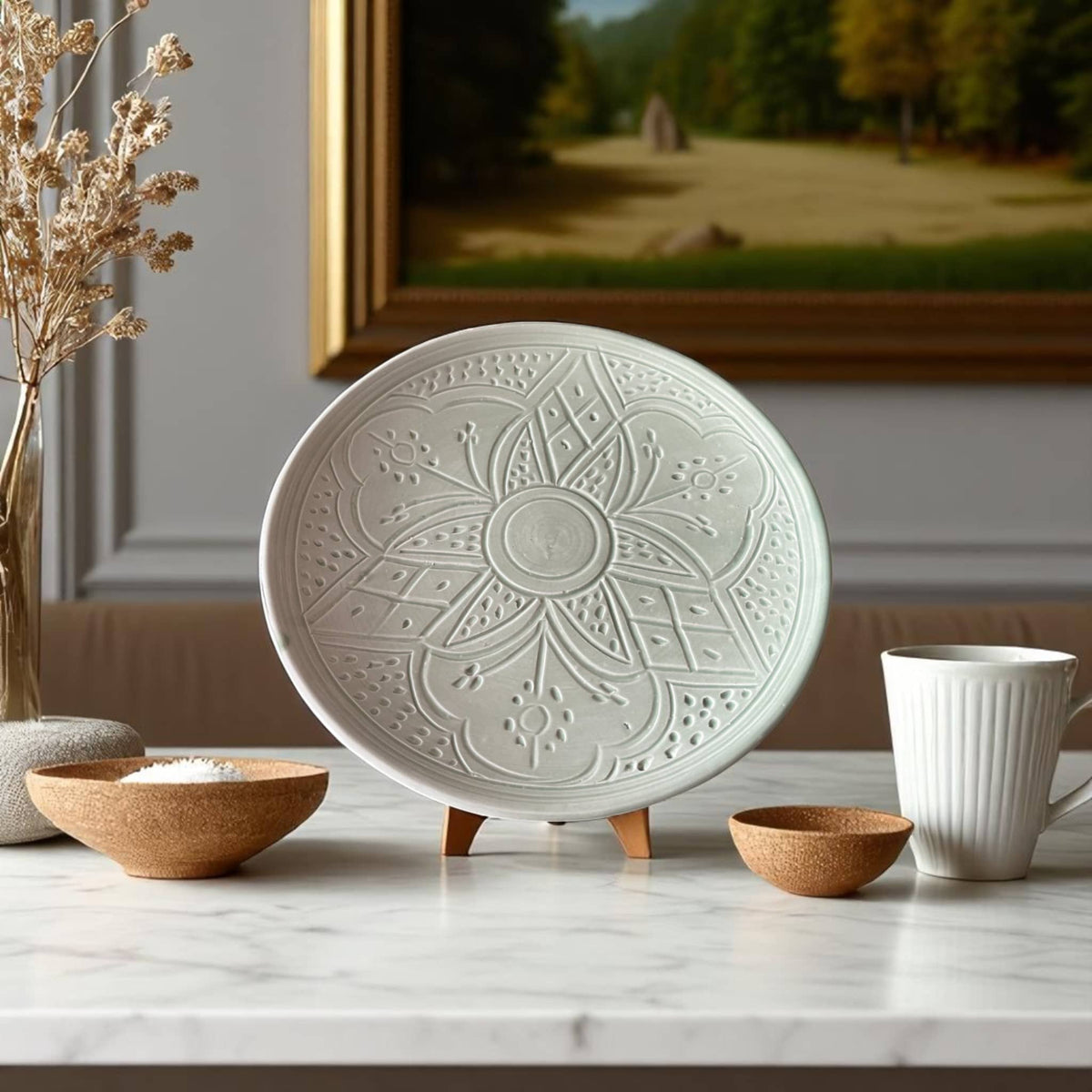 Premium Hand-Engraved Light Green Moroccan Plates with Floral Motifs