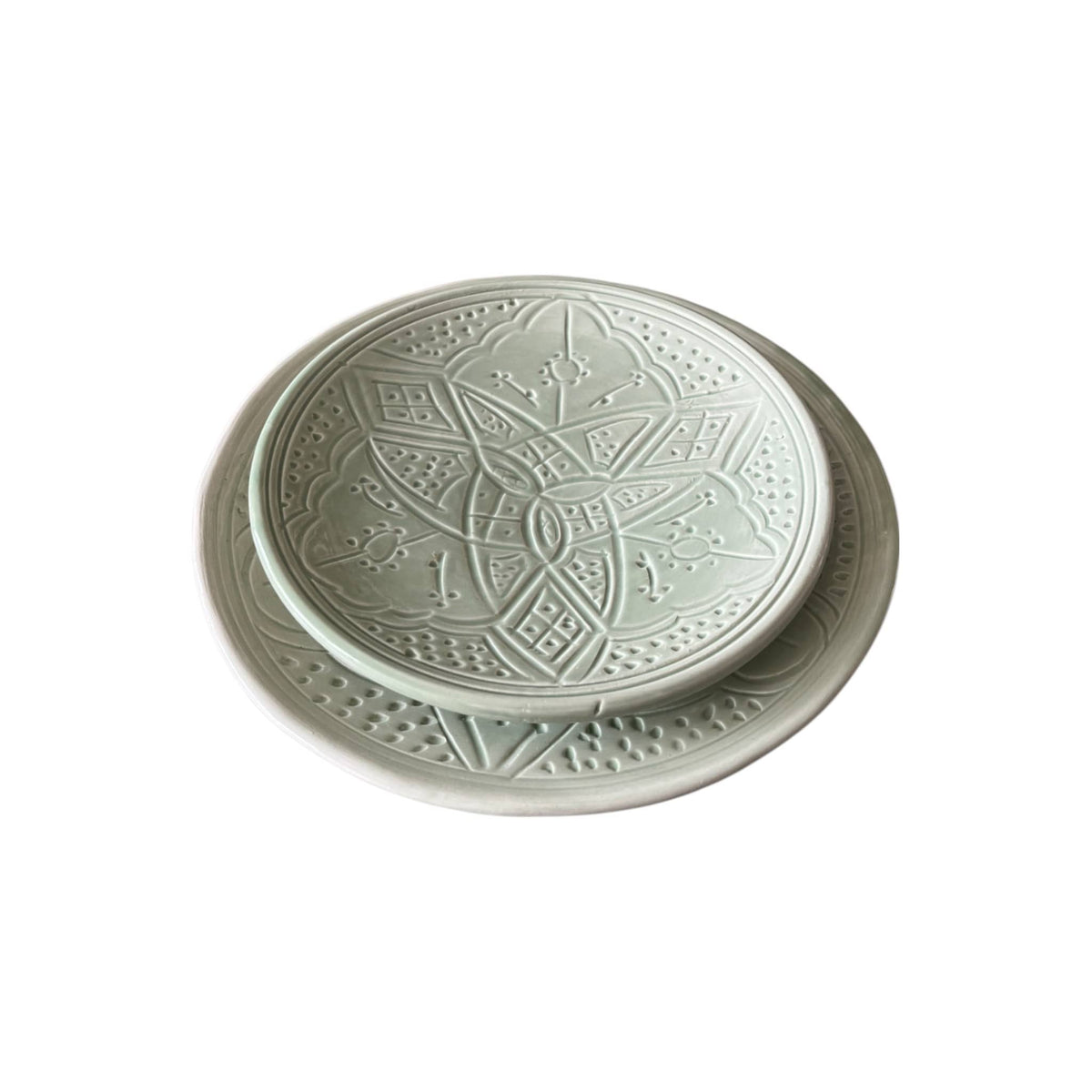 Premium Hand-Engraved Light Green Moroccan Plates with Floral Motifs
