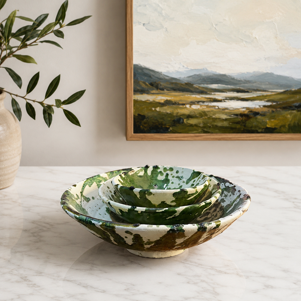 Handmade Moroccan ceramic bowls with green splatter glaze in multiple sizes