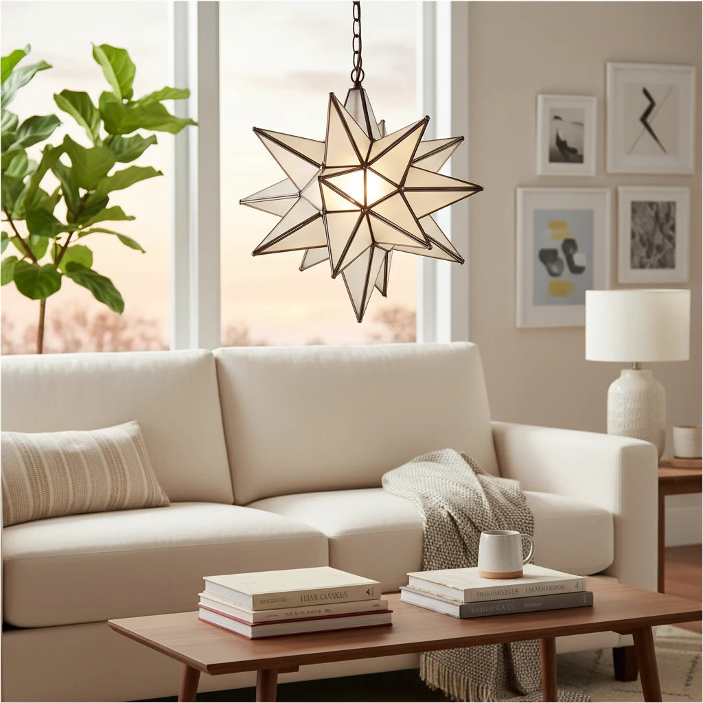 star shaped pendant light milky glass brass frame