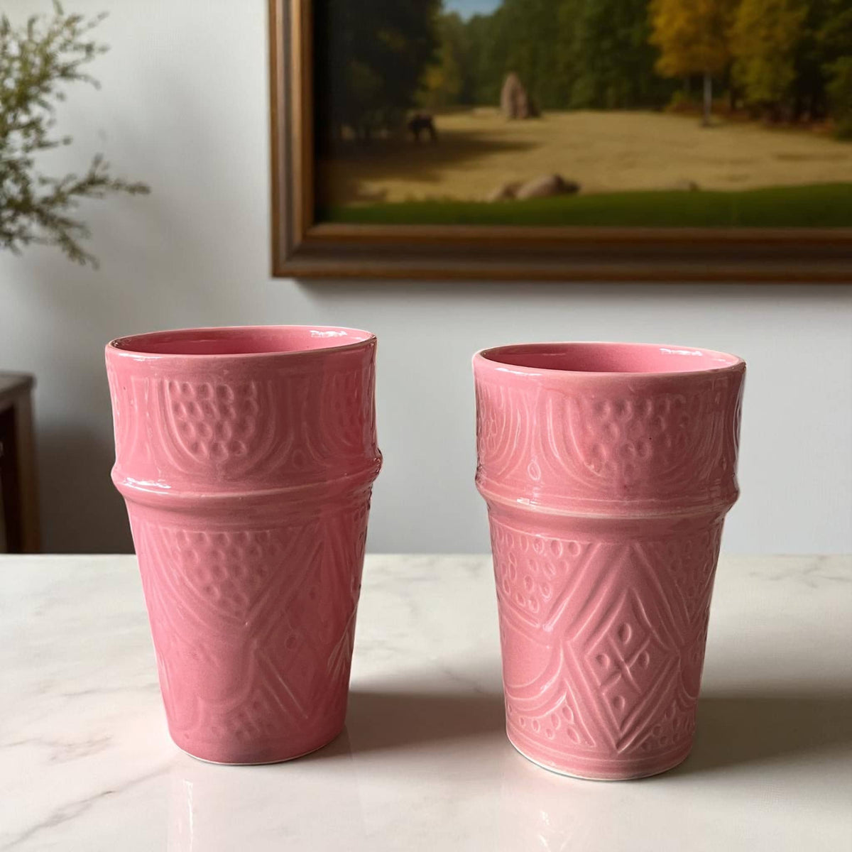 Hand-Engraved Pink Moroccan Tumbler (13 cm H x 8 cm Dia)