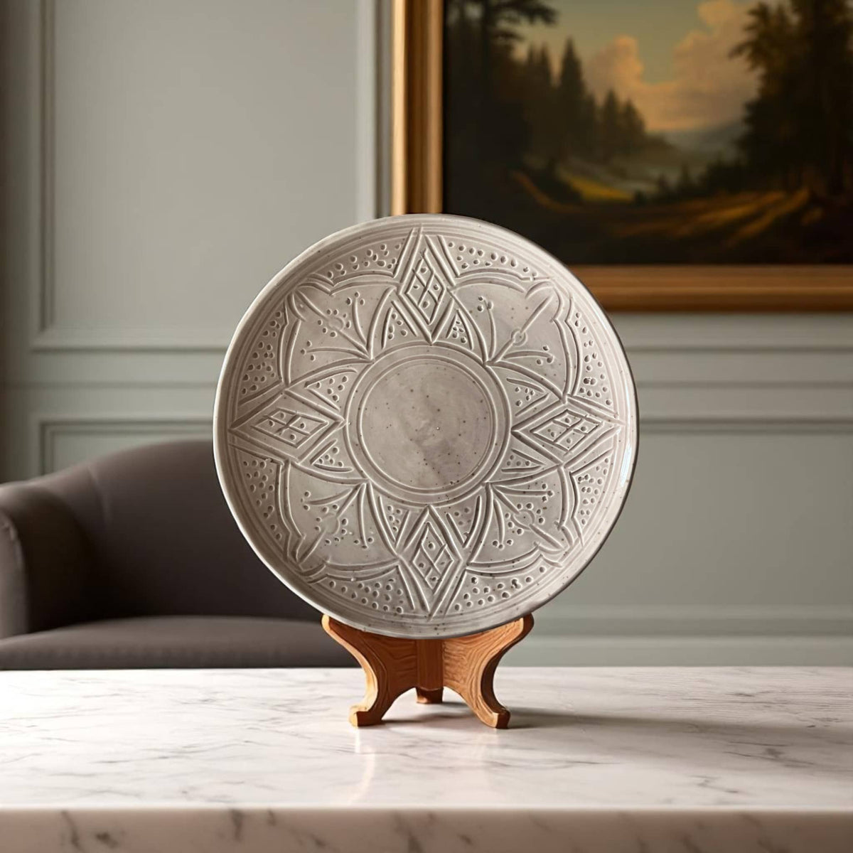 Premium Hand-Engraved Neutral Moroccan Plates with Floral Motifs (Set of 2 - 20/25 cm)