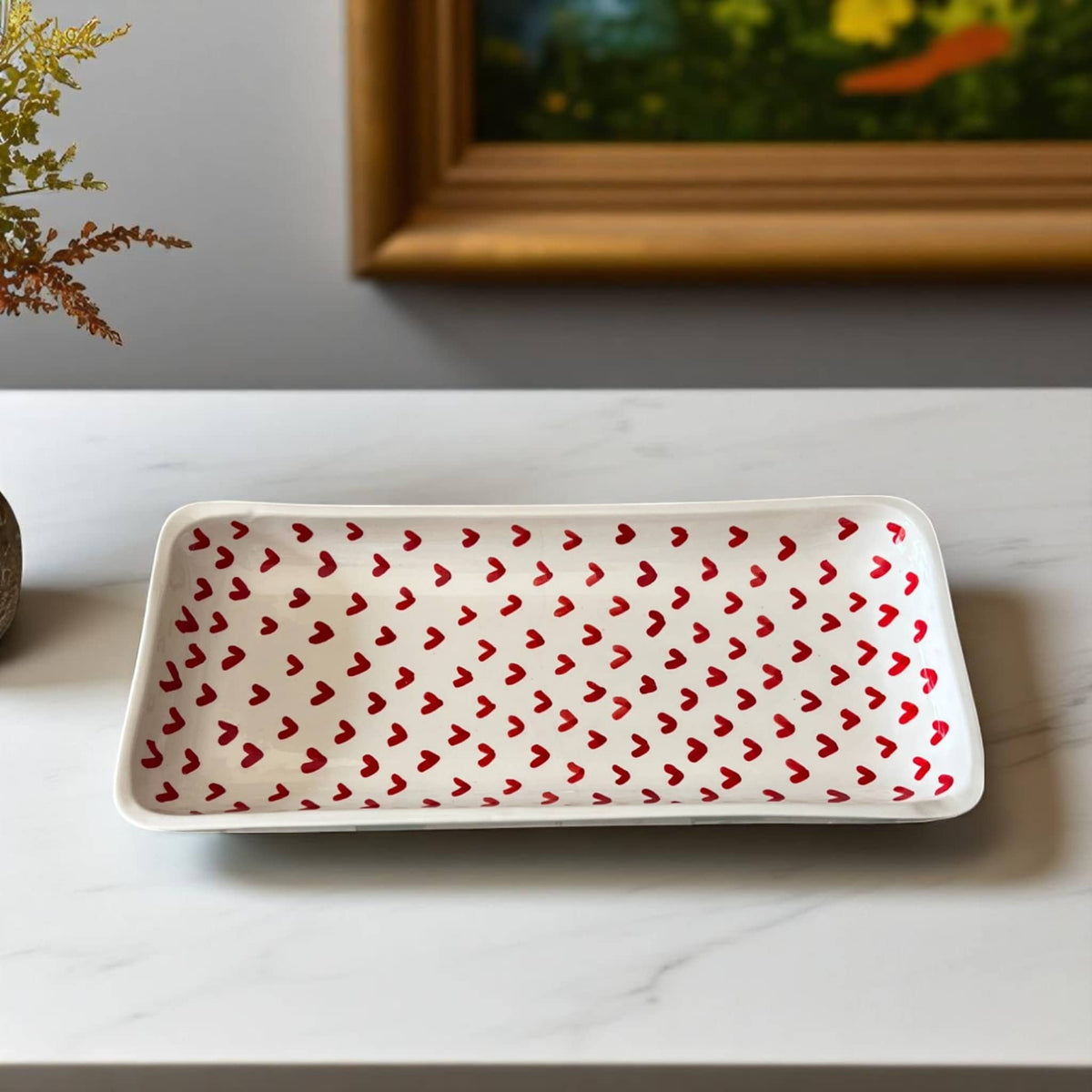 Handpainted red heart ceramic serving dish handmade in Marrakech, Morocco
