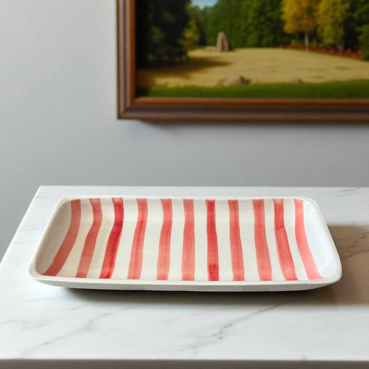 Handpainted Red & White Striped Serving Platter approx. 12.20 in L x 5.51 in W x 1.38 in H