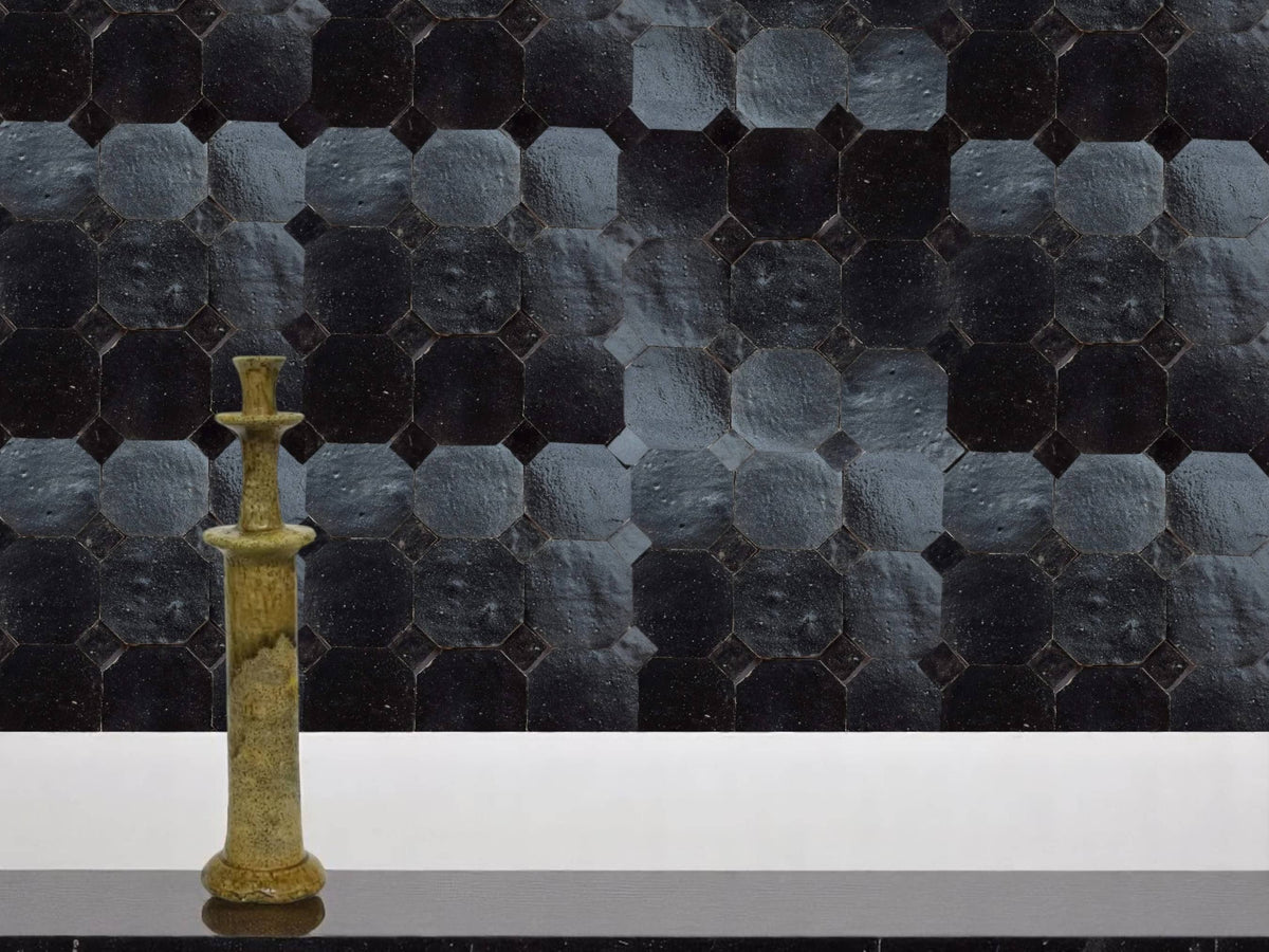 Handcrafted Black Moroccan Zellige Tiles – Octagon & Bouchon Patterns