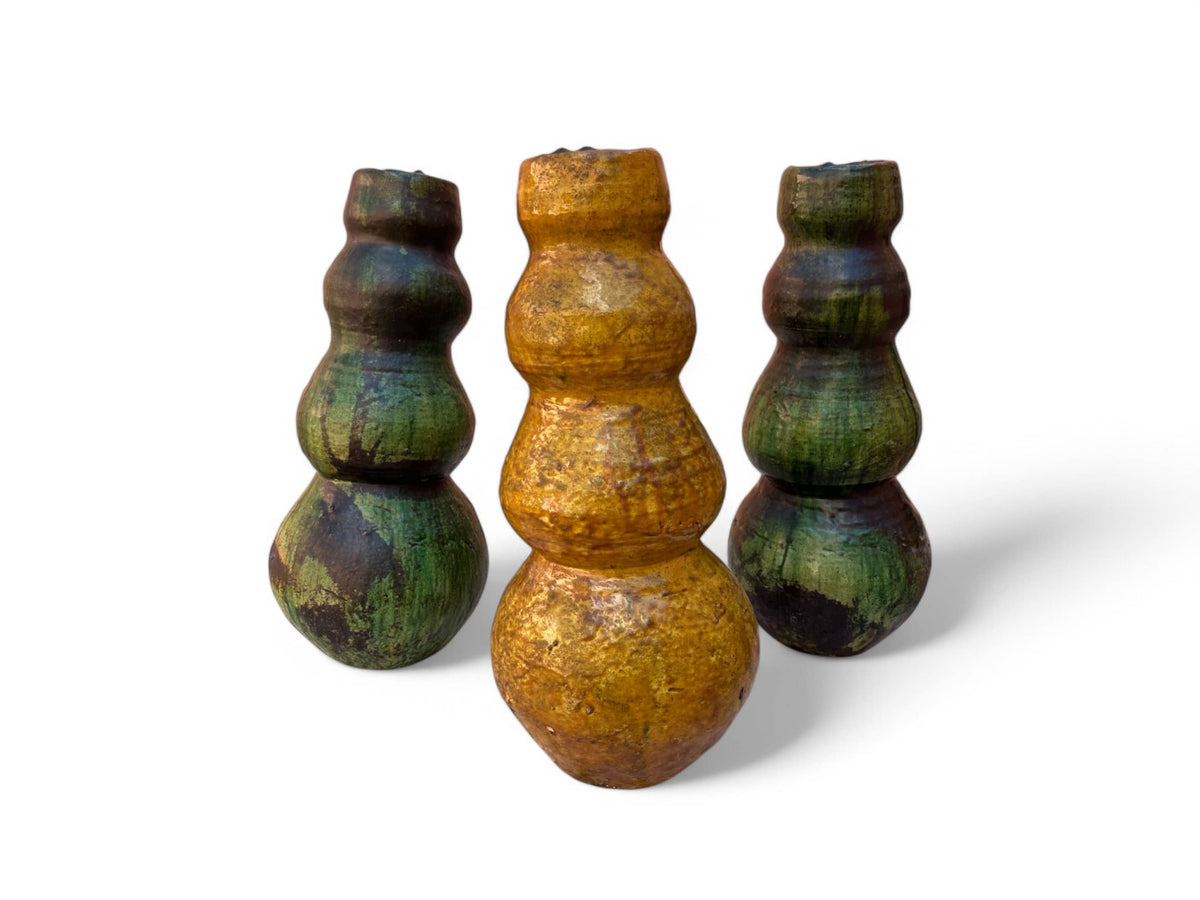 Green & Ochre Glazed Tripple Round Vase