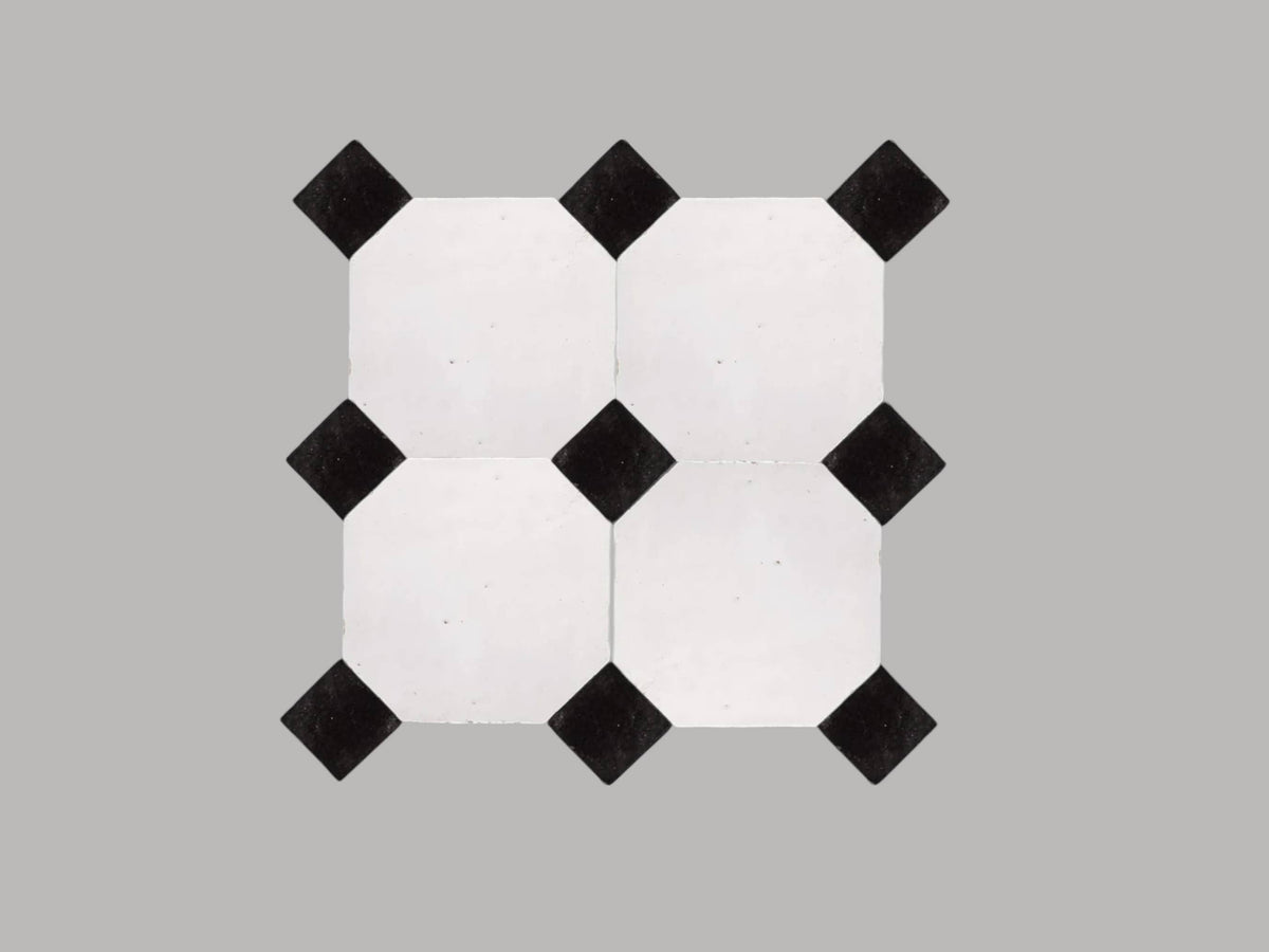 Handcrafted White & Black Moroccan Zellige Tiles – Octagon & Bouchon Patterns