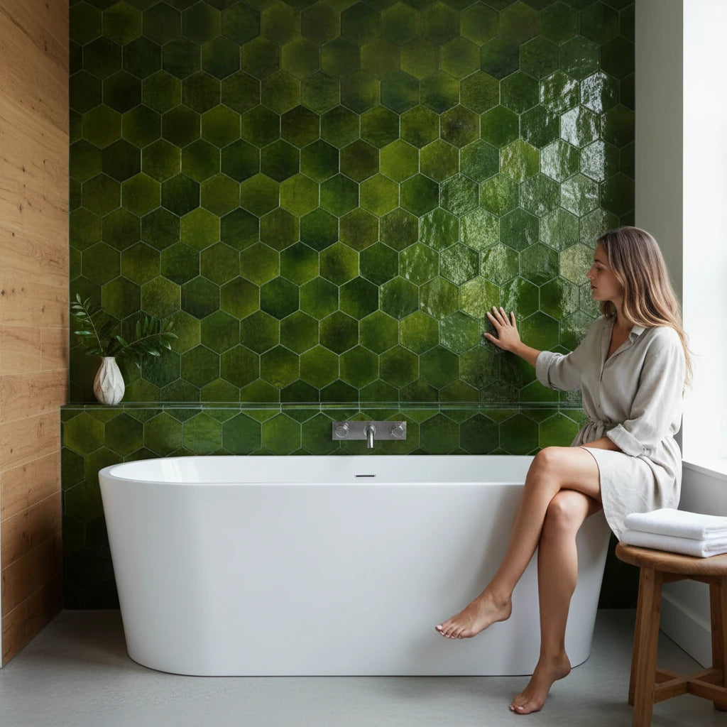 handmade green hexagon moroccan zellige tile glossy glazed terracotta