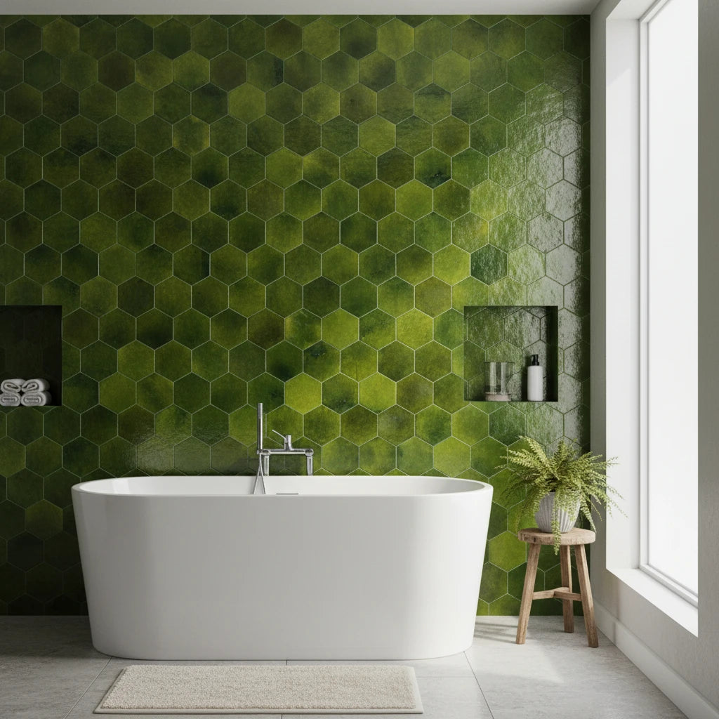 handmade green hexagon moroccan zellige tile glossy glazed terracotta