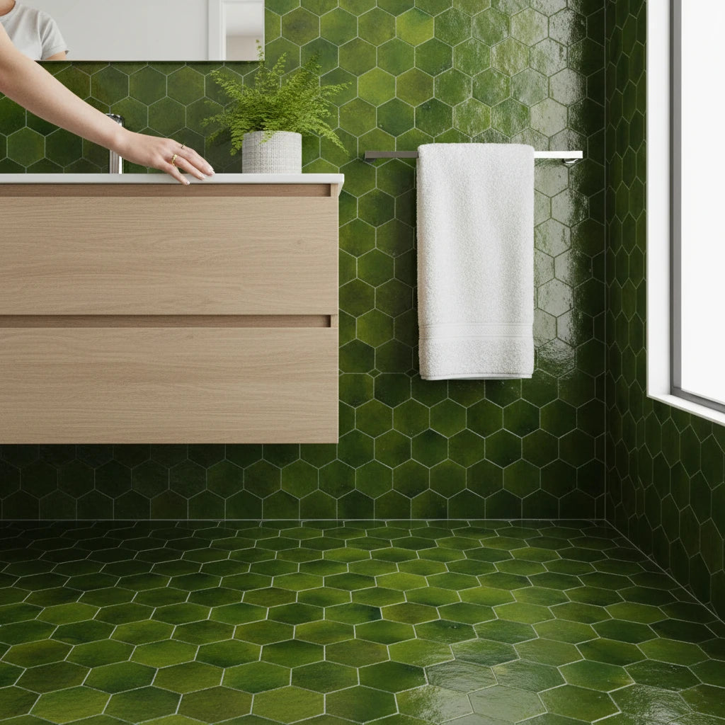 handmade green hexagon moroccan zellige tile glossy glazed terracotta