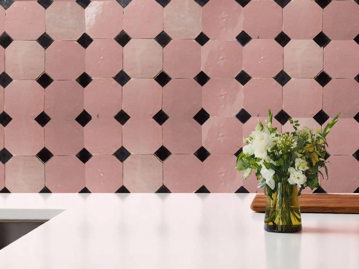 Handcrafted Pink & Black Moroccan Zellige Tiles – Octagon & Bouchon Patterns