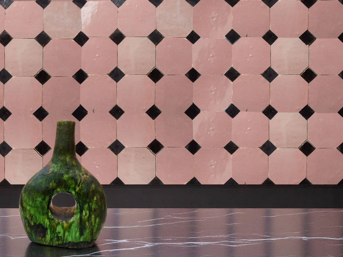 Handcrafted Pink & Black Moroccan Zellige Tiles – Octagon & Bouchon Patterns