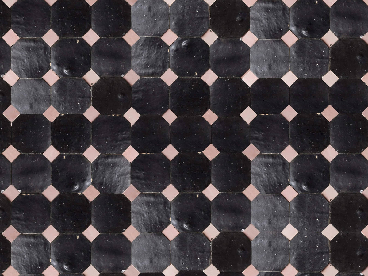 Handcrafted Black & Pink Moroccan Zellige Tiles – Octagon & Bouchon Patterns