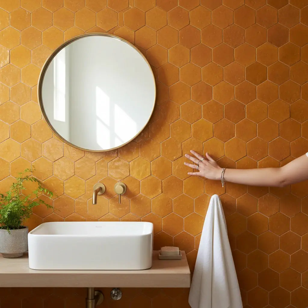 Handmade saffron yellow hexagon Moroccan zellige tiles with natural glaze variation