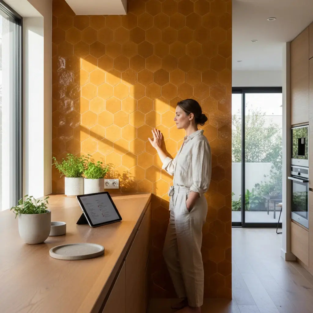 Handmade saffron yellow hexagon Moroccan zellige tiles with natural glaze variation