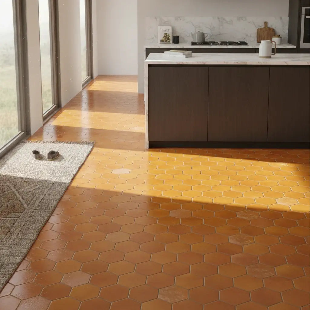 Handmade saffron yellow hexagon Moroccan zellige tiles with natural glaze variation