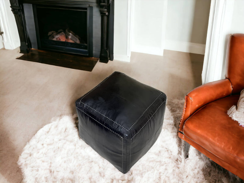Black Square Moroccan Pouf - Timeless Elegance for Your Home - handmade by Moroccantastics - Black leather pouf, brown leather pouf, genuine Moroccan leather pouf, leather work, square pouf