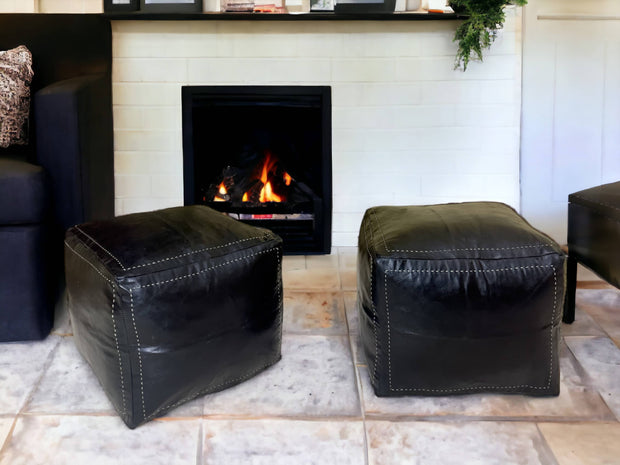 Black Square Moroccan Pouf - Timeless Elegance for Your Home - handmade by Moroccantastics - Black leather pouf, brown leather pouf, genuine Moroccan leather pouf, leather work, square pouf