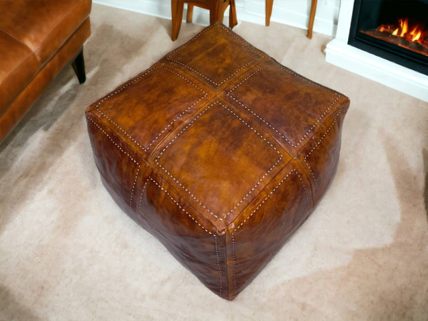 Elevate Your Living Space with Our Luxurious Tobacco Square Leather Pouf - handmade by Moroccantastics - leather work, square pouf