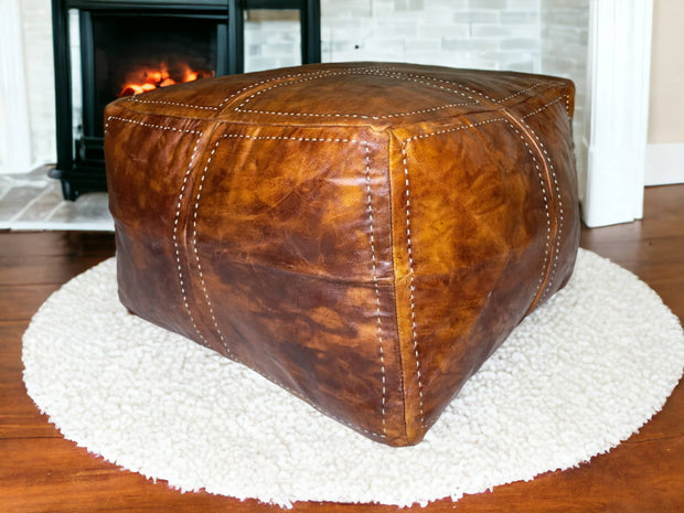 Elevate Your Living Space with Our Luxurious Tobacco Square Leather Pouf - handmade by Moroccantastics - leather work, square pouf
