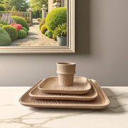 Set of terracotta planters on a marble surface with a garden scene reflected in a mirror.