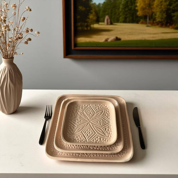 Premium Hand-Engraved Warm Beige Moroccan Square Plate (Available in 3 Sizes)